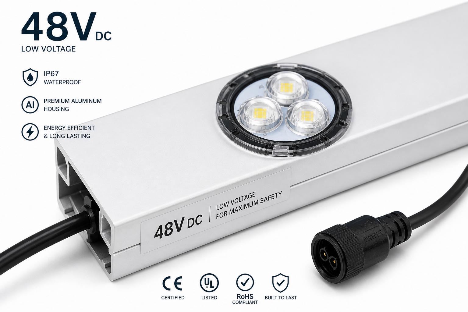 48V DC low voltage, IP67 waterproof, premium aluminum housing, CE / UL / RoHS certified