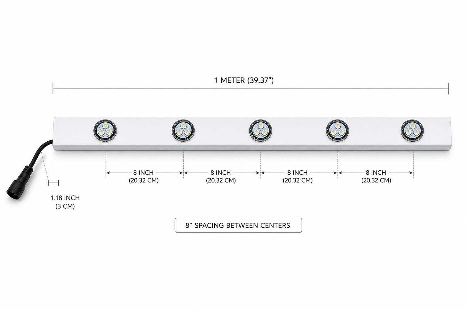 EON LED bar dimensions — 1 meter length with 8 inch spacing between LEDs