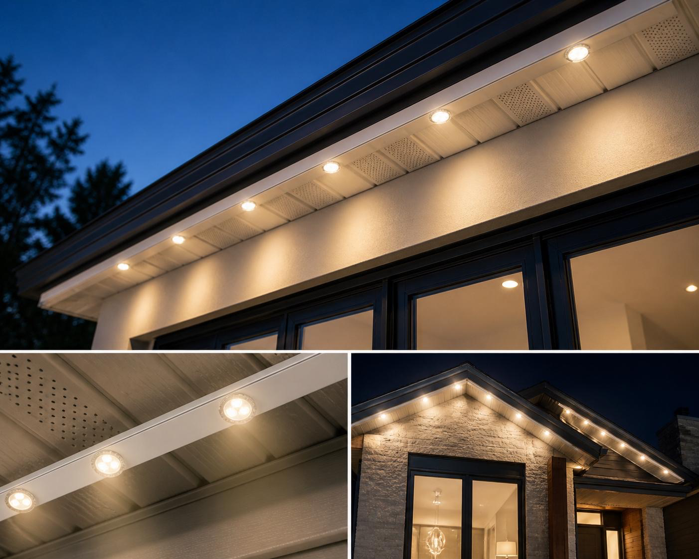 EON soffit lighting installed on a home at night